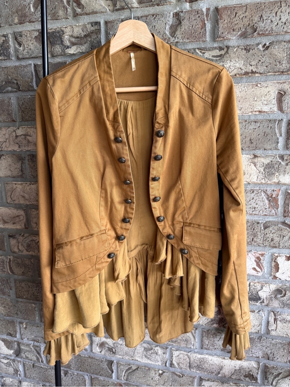 Free People Ruffle Hem Military Jacket XS Mustard Brown Boho Victorian - Picture 5 of 13